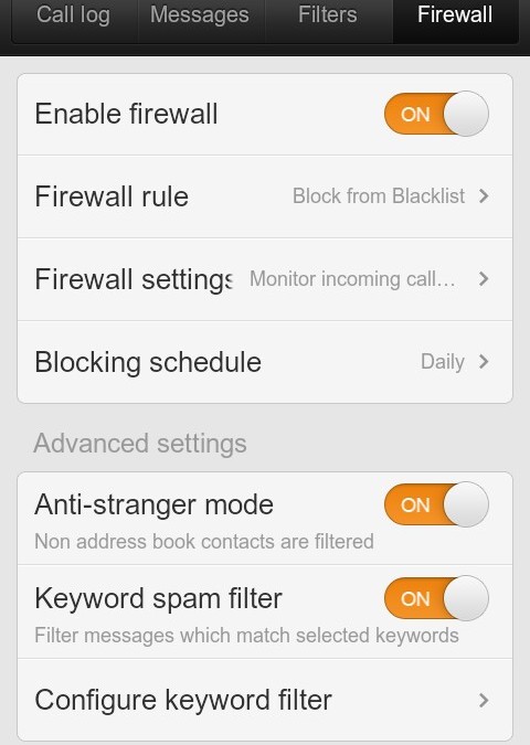 Arama ve mesajları filtreleyebileceğiniz bir firewall